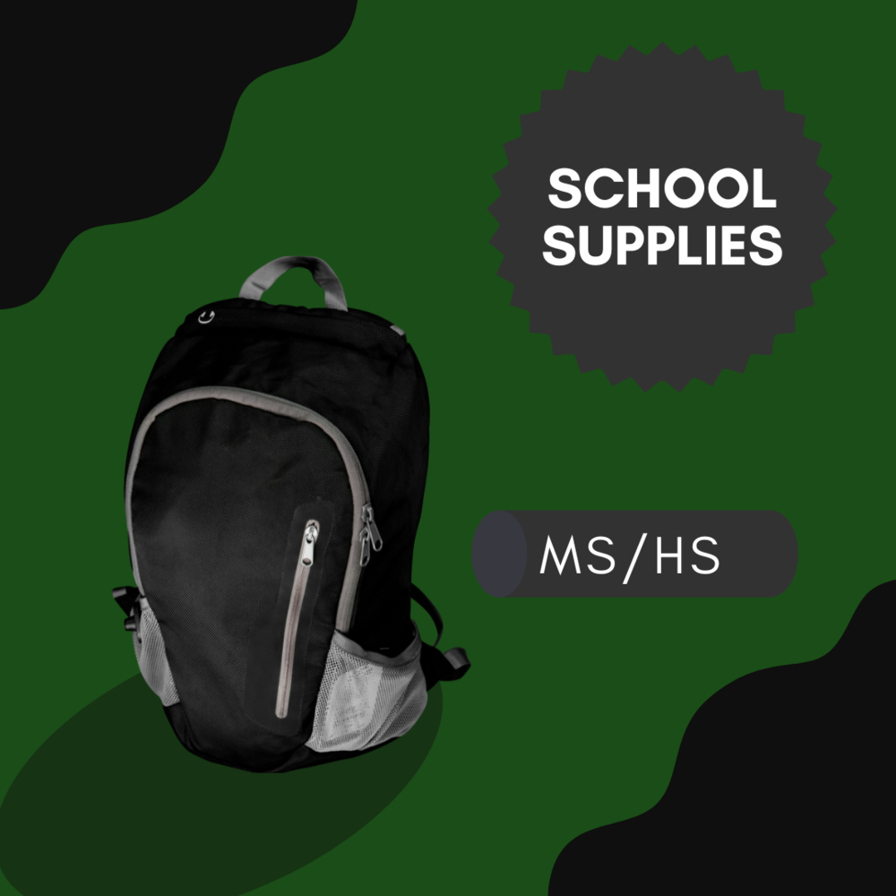 Image of backpack announcing MS/HS school supply list available