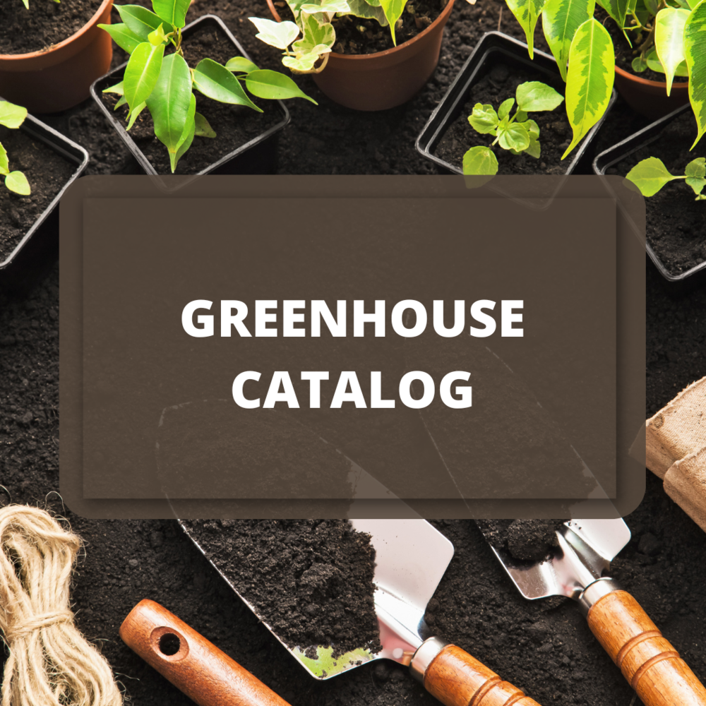Greenhouse catalog words with gardening tools and plants